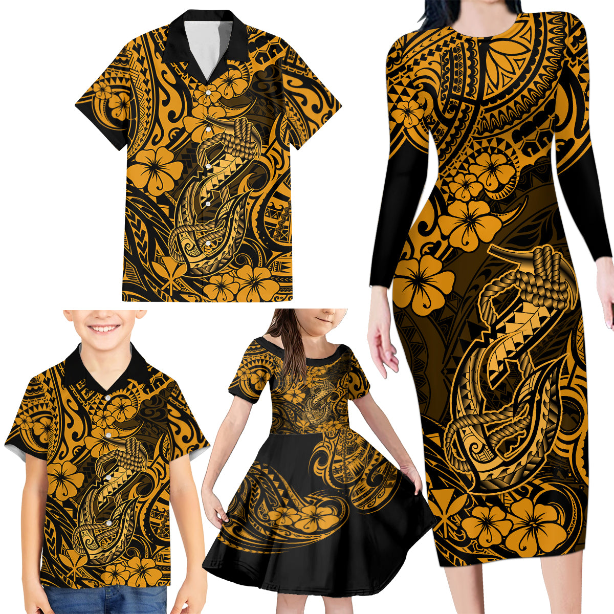 Hawaii Fish Hook Family Matching Long Sleeve Bodycon Dress and Hawaiian Shirt Polynesian Pattern Gold Version - Wonder Print Shop