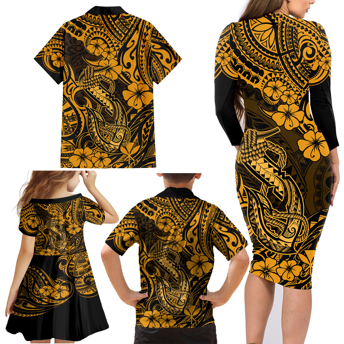 Hawaii Fish Hook Family Matching Long Sleeve Bodycon Dress and Hawaiian Shirt Polynesian Pattern Gold Version - Wonder Print Shop