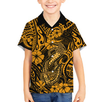 Hawaii Fish Hook Family Matching Long Sleeve Bodycon Dress and Hawaiian Shirt Polynesian Pattern Gold Version - Wonder Print Shop
