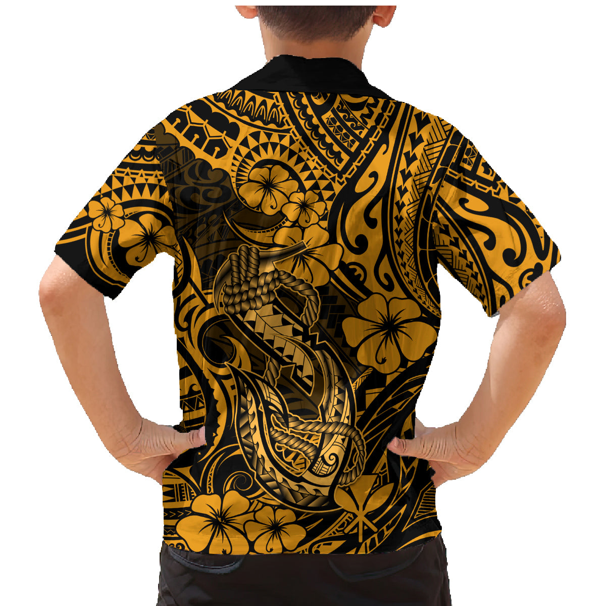 Hawaii Fish Hook Family Matching Mermaid Dress and Hawaiian Shirt Polynesian Pattern Gold Version - Wonder Print Shop
