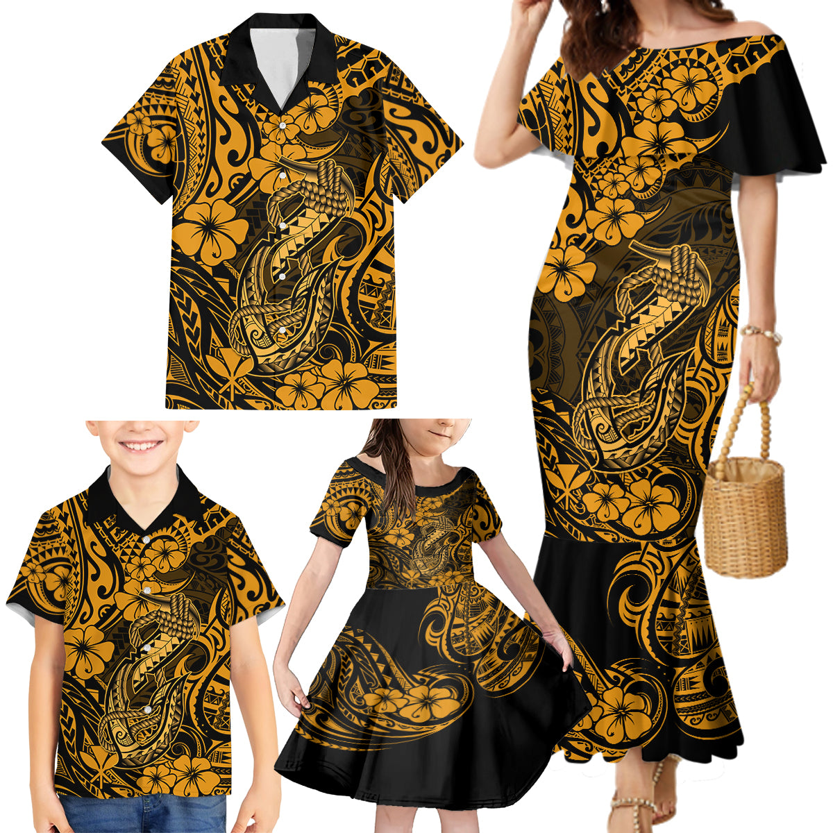 Hawaii Fish Hook Family Matching Mermaid Dress and Hawaiian Shirt Polynesian Pattern Gold Version - Wonder Print Shop