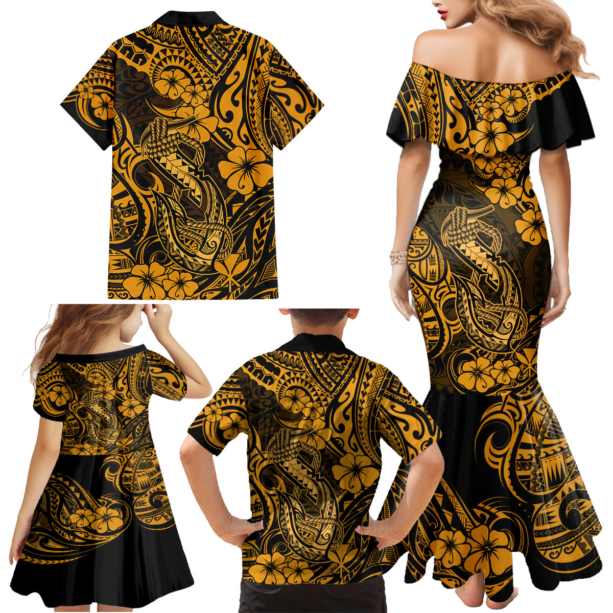 Hawaii Fish Hook Family Matching Mermaid Dress and Hawaiian Shirt Polynesian Pattern Gold Version - Wonder Print Shop