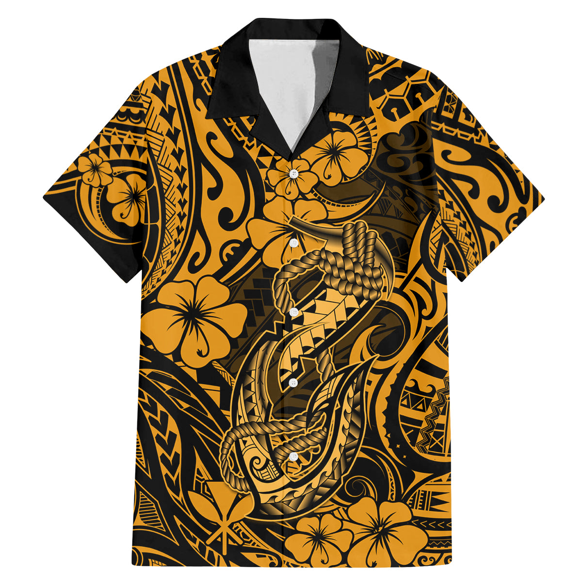 Hawaii Fish Hook Family Matching Mermaid Dress and Hawaiian Shirt Polynesian Pattern Gold Version - Wonder Print Shop