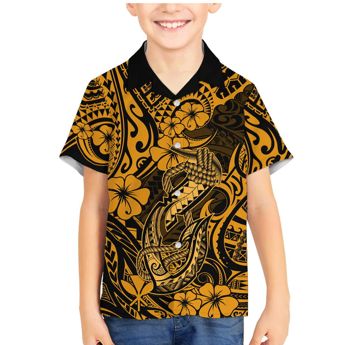 Hawaii Fish Hook Family Matching Mermaid Dress and Hawaiian Shirt Polynesian Pattern Gold Version - Wonder Print Shop