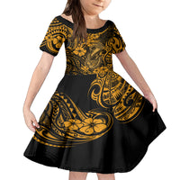 Hawaii Fish Hook Family Matching Off Shoulder Long Sleeve Dress and Hawaiian Shirt Polynesian Pattern Gold Version - Wonder Print Shop