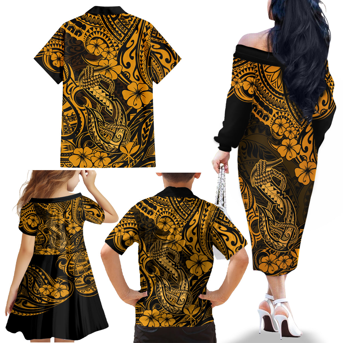 Hawaii Fish Hook Family Matching Off Shoulder Long Sleeve Dress and Hawaiian Shirt Polynesian Pattern Gold Version - Wonder Print Shop