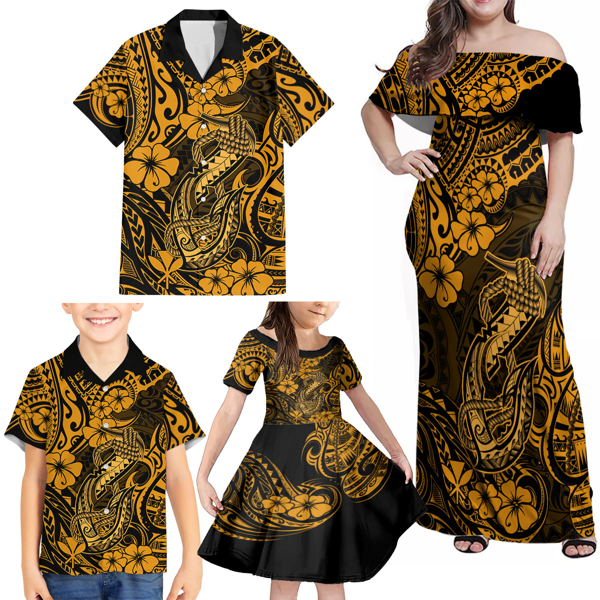 Hawaii Fish Hook Family Matching Off Shoulder Maxi Dress and Hawaiian Shirt Polynesian Pattern Gold Version - Wonder Print Shop
