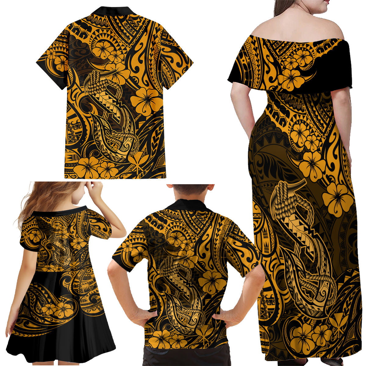 Hawaii Fish Hook Family Matching Off Shoulder Maxi Dress and Hawaiian Shirt Polynesian Pattern Gold Version - Wonder Print Shop