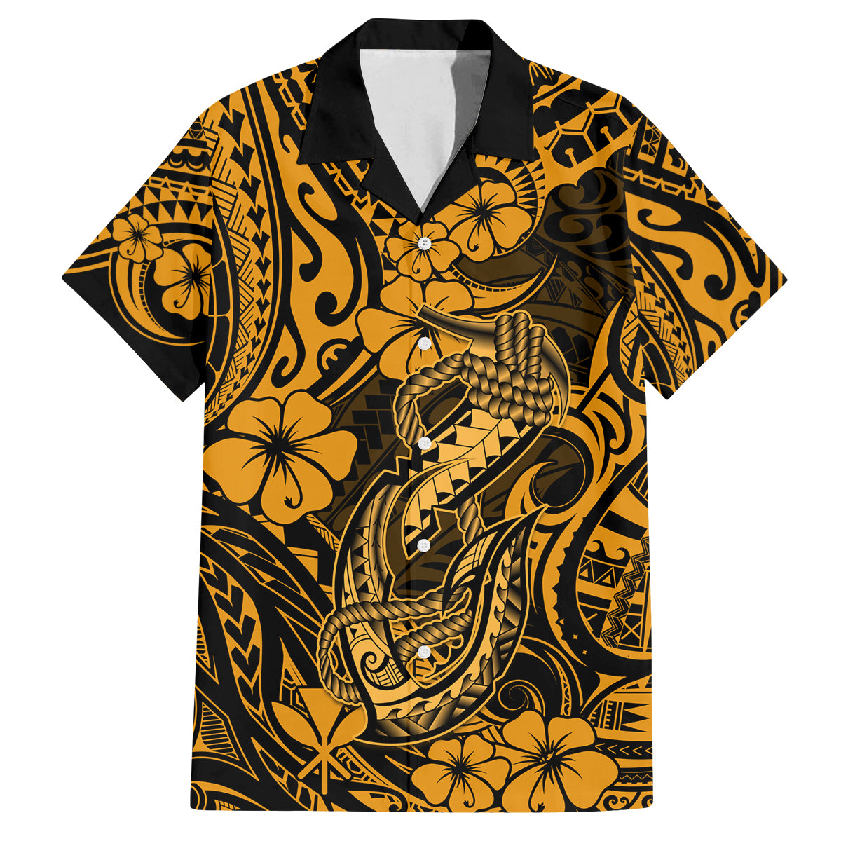 Hawaii Fish Hook Family Matching Off Shoulder Maxi Dress and Hawaiian Shirt Polynesian Pattern Gold Version - Wonder Print Shop