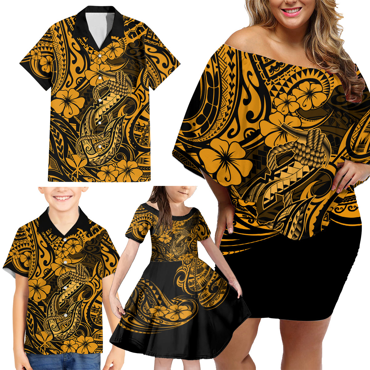 Hawaii Fish Hook Family Matching Off Shoulder Short Dress and Hawaiian Shirt Polynesian Pattern Gold Version - Wonder Print Shop