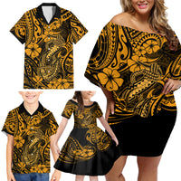 Hawaii Fish Hook Family Matching Off Shoulder Short Dress and Hawaiian Shirt Polynesian Pattern Gold Version - Wonder Print Shop