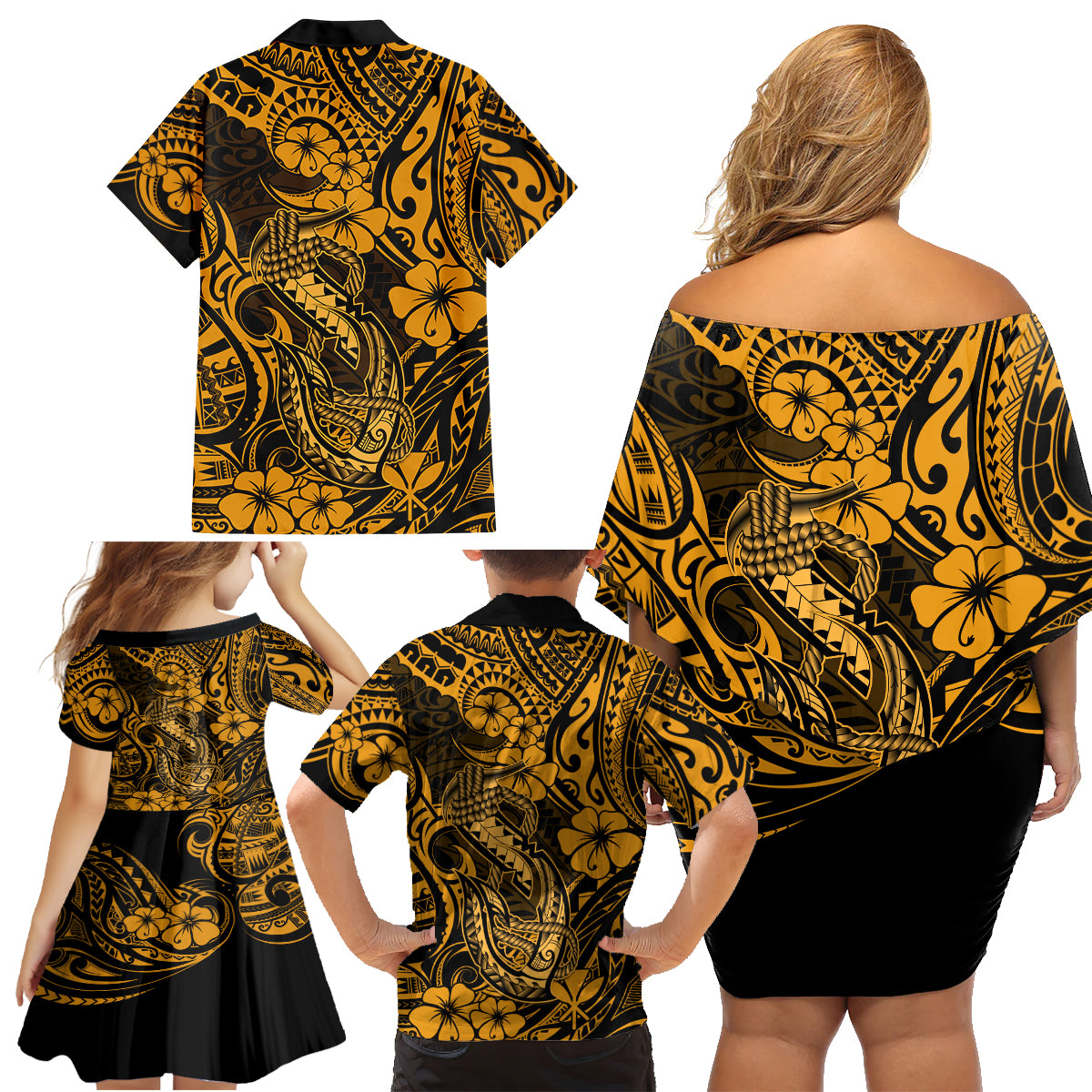 Hawaii Fish Hook Family Matching Off Shoulder Short Dress and Hawaiian Shirt Polynesian Pattern Gold Version - Wonder Print Shop