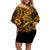 Hawaii Fish Hook Family Matching Off Shoulder Short Dress and Hawaiian Shirt Polynesian Pattern Gold Version - Wonder Print Shop