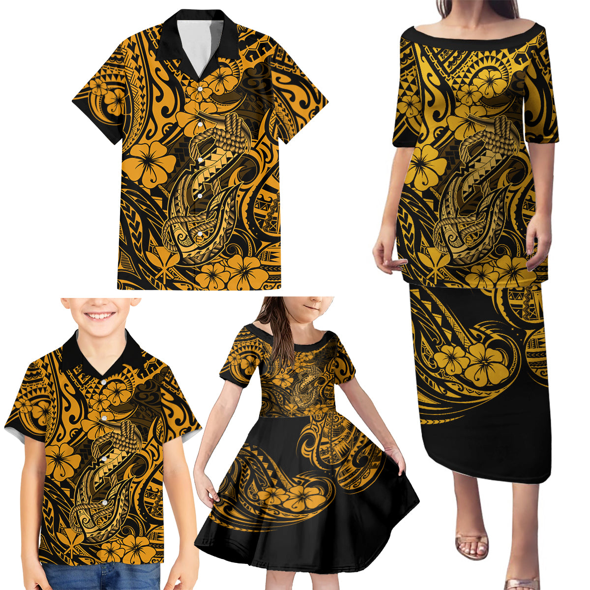 Hawaii Fish Hook Family Matching Puletasi Dress and Hawaiian Shirt Polynesian Pattern Gold Version - Wonder Print Shop