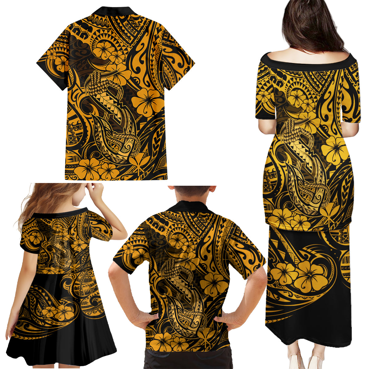 Hawaii Fish Hook Family Matching Puletasi Dress and Hawaiian Shirt Polynesian Pattern Gold Version - Wonder Print Shop