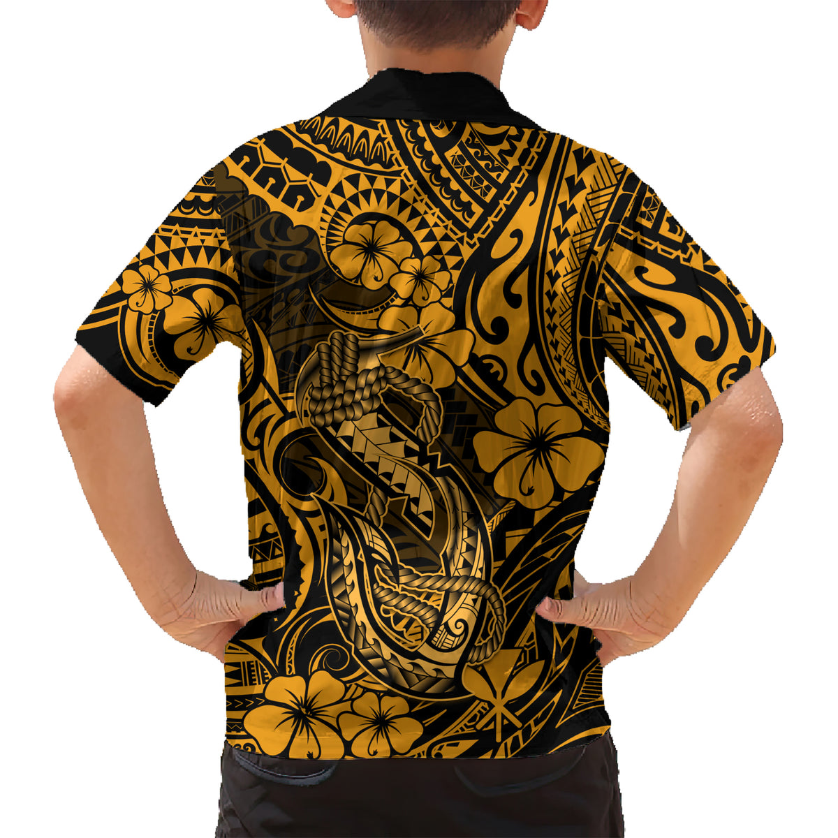 Hawaii Fish Hook Family Matching Short Sleeve Bodycon Dress and Hawaiian Shirt Polynesian Pattern Gold Version - Wonder Print Shop
