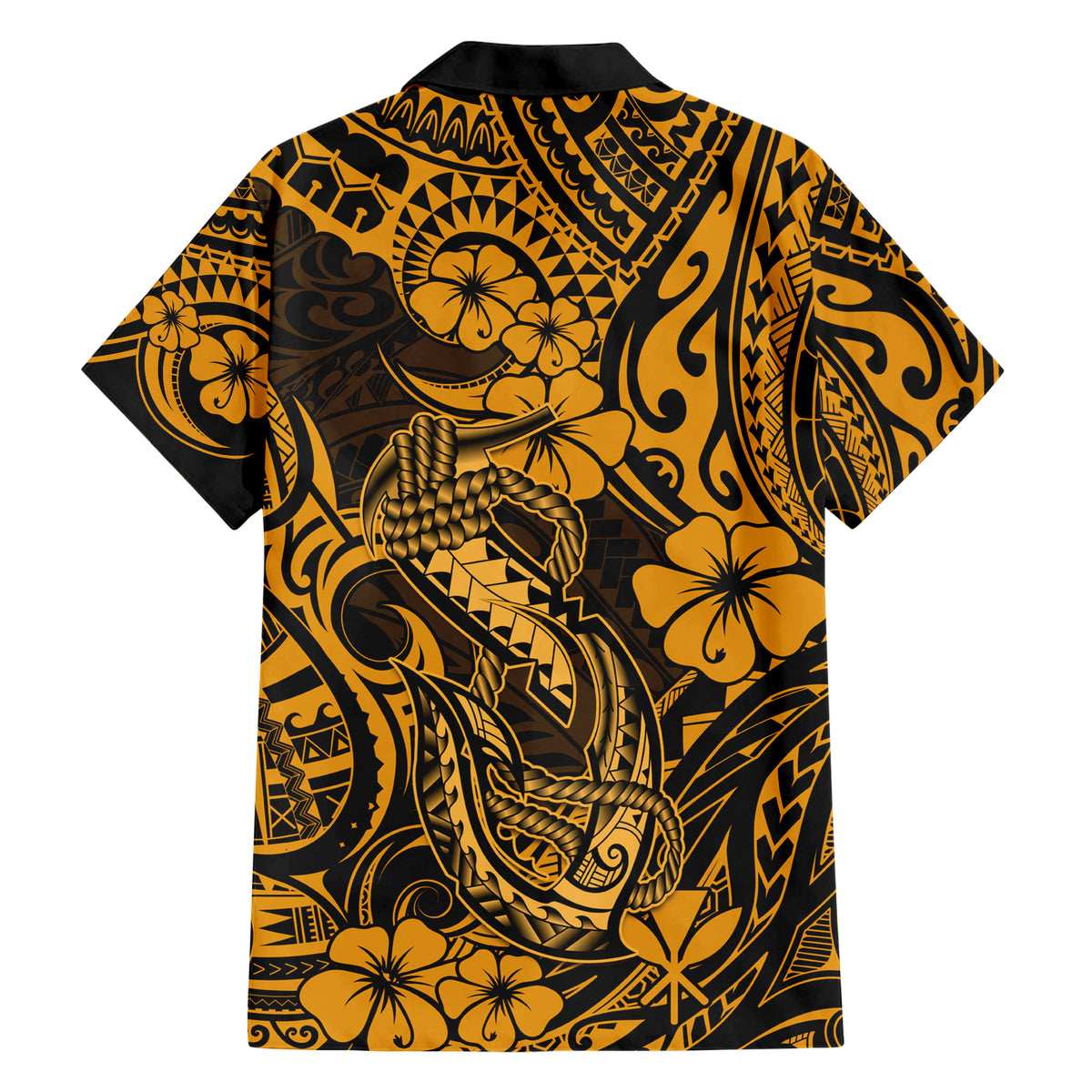 Hawaii Fish Hook Family Matching Short Sleeve Bodycon Dress and Hawaiian Shirt Polynesian Pattern Gold Version - Wonder Print Shop