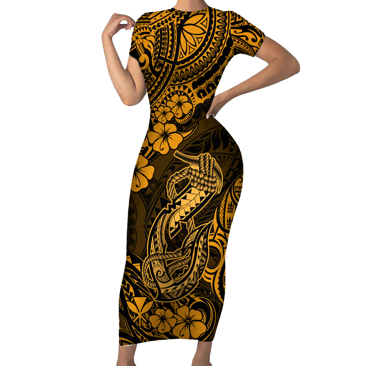 Hawaii Fish Hook Family Matching Short Sleeve Bodycon Dress and Hawaiian Shirt Polynesian Pattern Gold Version - Wonder Print Shop