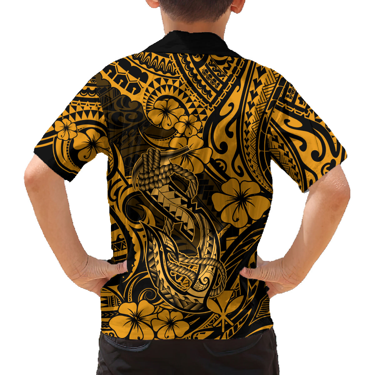Hawaii Fish Hook Family Matching Summer Maxi Dress and Hawaiian Shirt Polynesian Pattern Gold Version - Wonder Print Shop