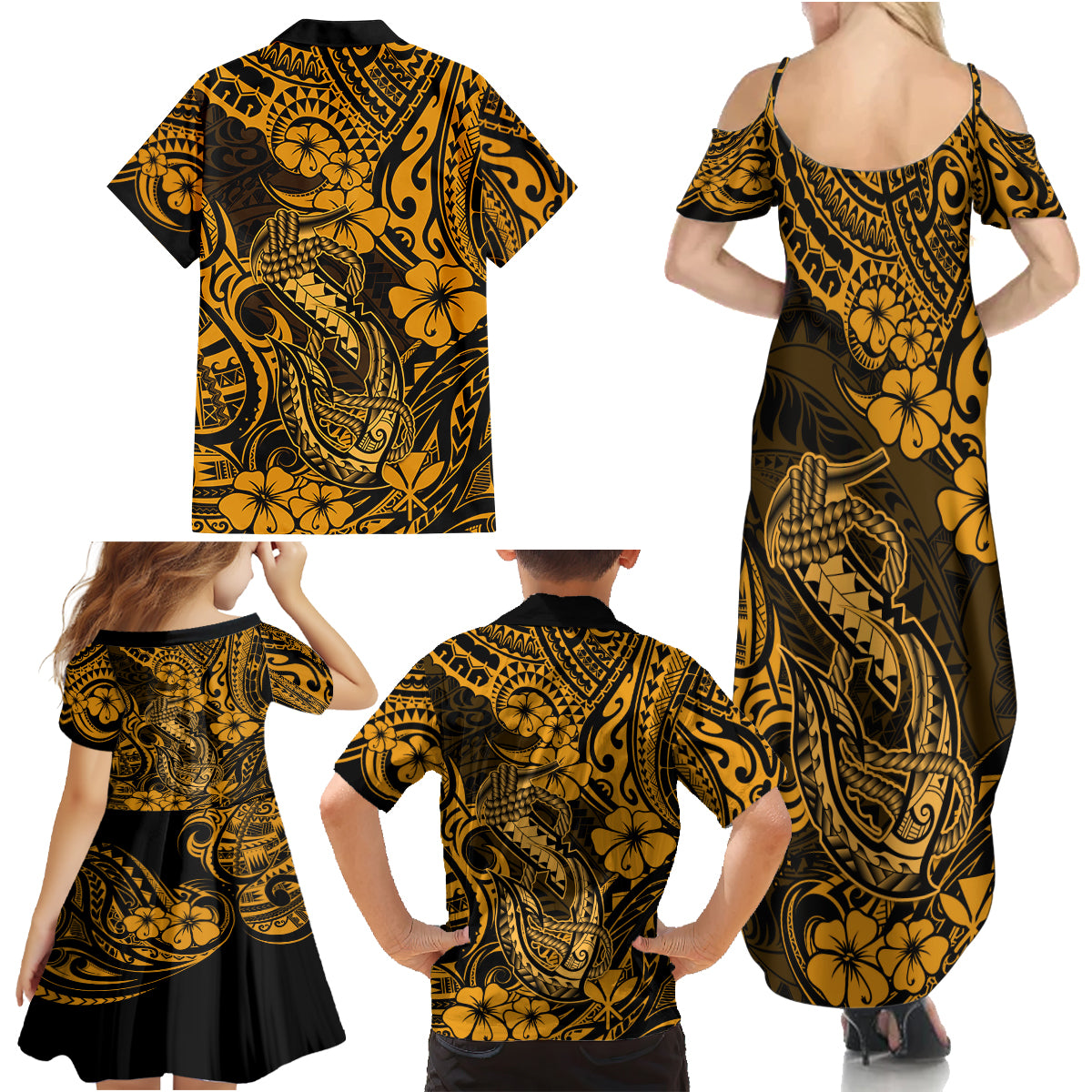 Hawaii Fish Hook Family Matching Summer Maxi Dress and Hawaiian Shirt Polynesian Pattern Gold Version - Wonder Print Shop