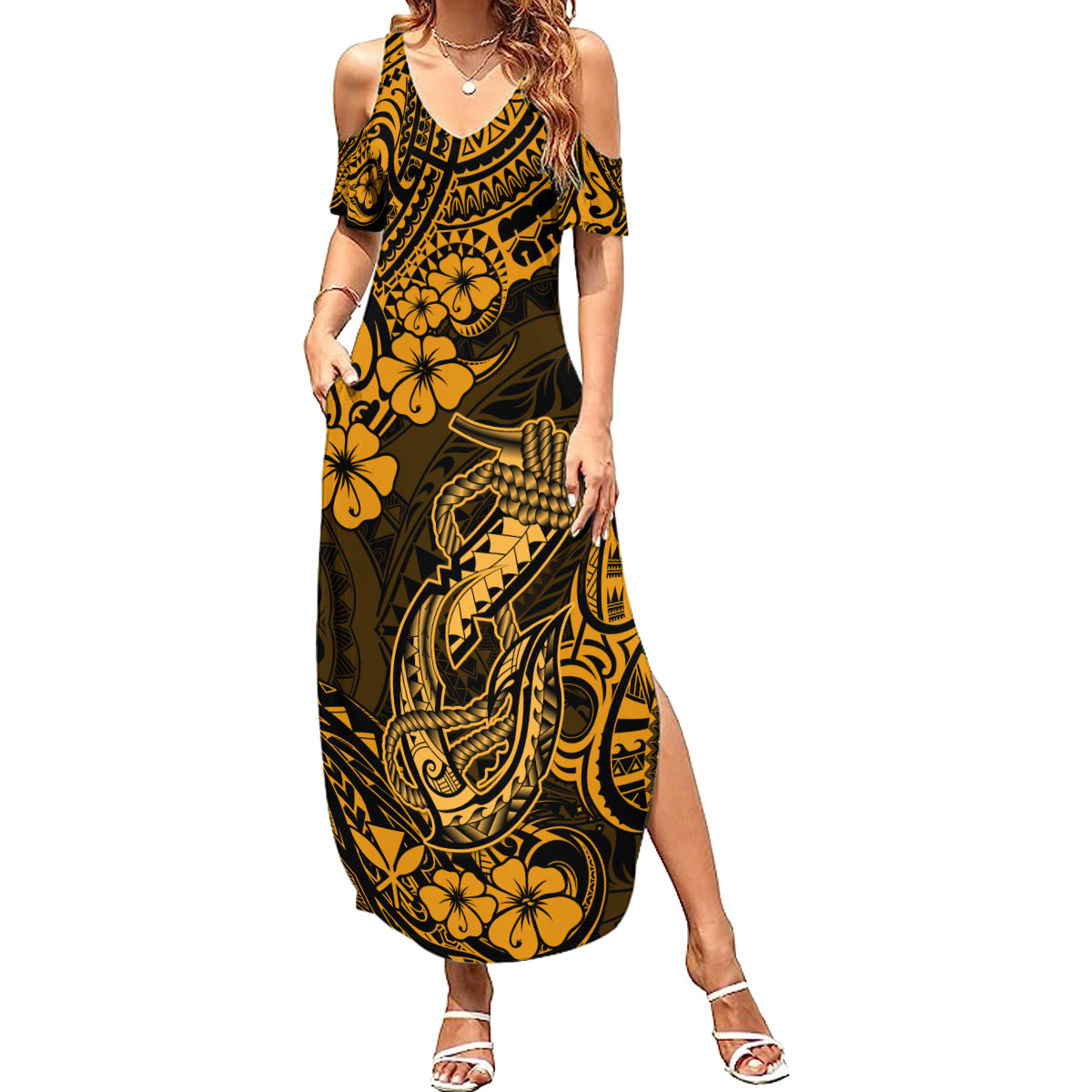 Hawaii Fish Hook Family Matching Summer Maxi Dress and Hawaiian Shirt Polynesian Pattern Gold Version - Wonder Print Shop