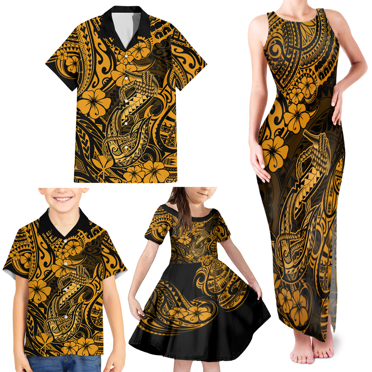 Hawaii Fish Hook Family Matching Tank Maxi Dress and Hawaiian Shirt Polynesian Pattern Gold Version - Wonder Print Shop