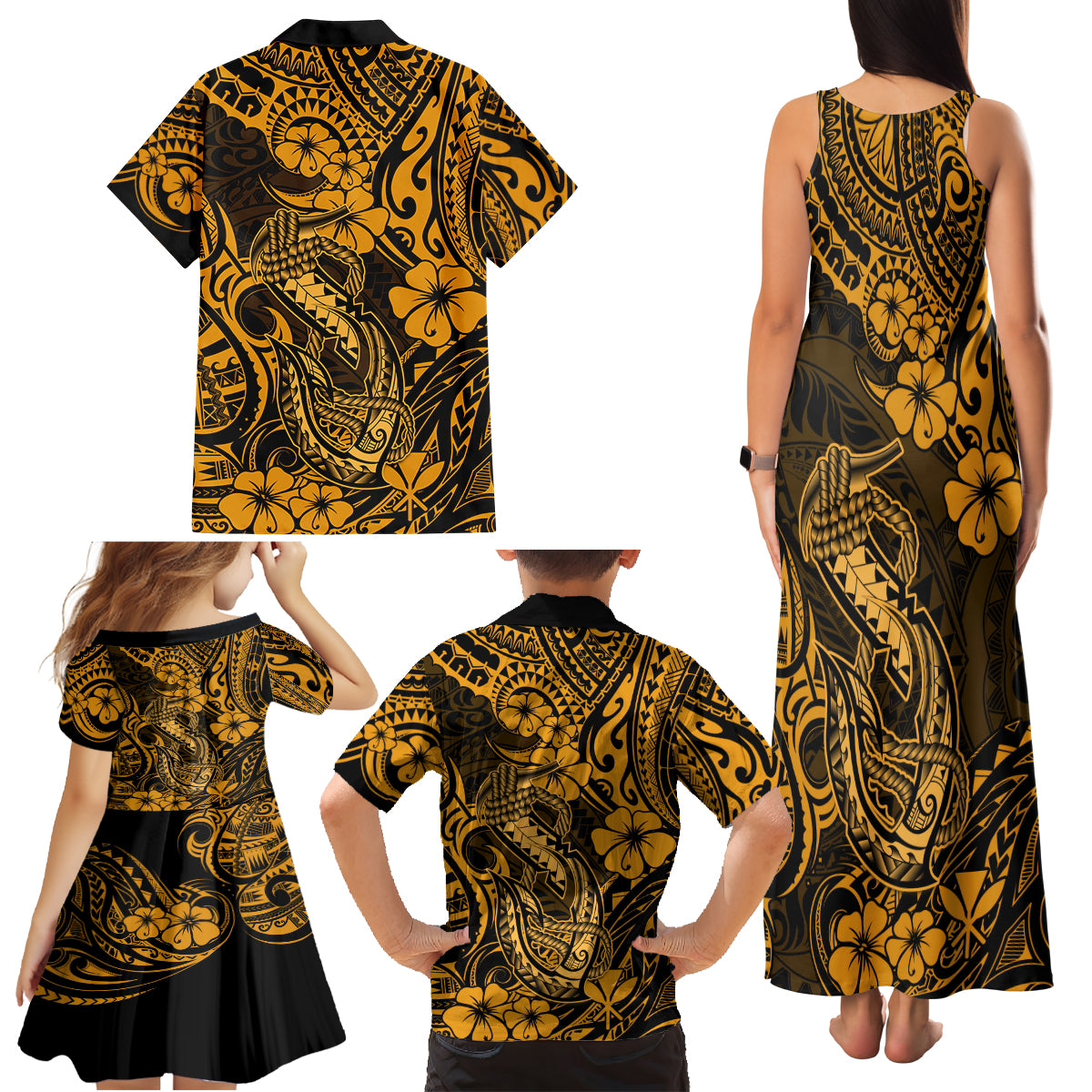 Hawaii Fish Hook Family Matching Tank Maxi Dress and Hawaiian Shirt Polynesian Pattern Gold Version - Wonder Print Shop