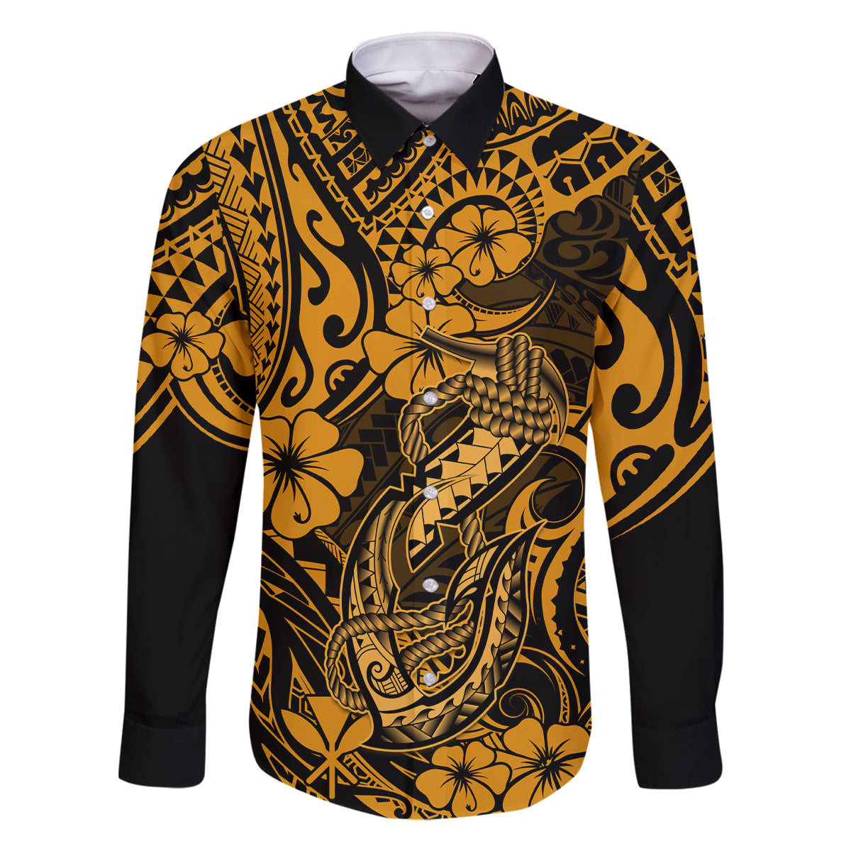 Hawaii Fish Hook Family Matching Tank Maxi Dress and Hawaiian Shirt Polynesian Pattern Gold Version - Wonder Print Shop