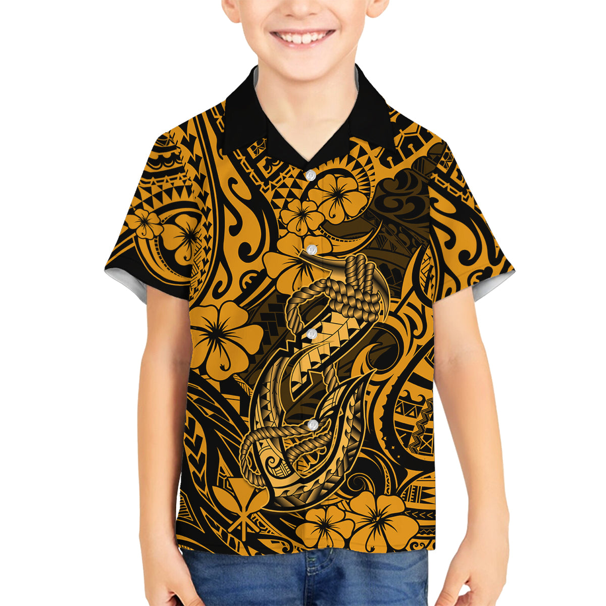 Hawaii Fish Hook Family Matching Tank Maxi Dress and Hawaiian Shirt Polynesian Pattern Gold Version - Wonder Print Shop