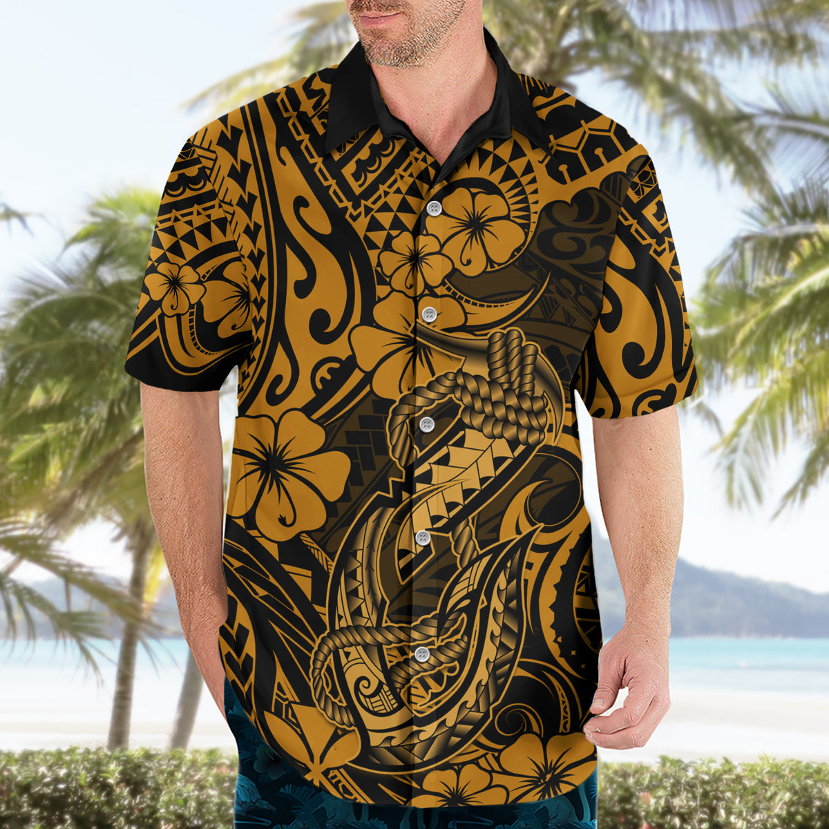 Hawaii Fish Hook Hawaiian Shirt Polynesian Pattern Gold Version - Wonder Print Shop