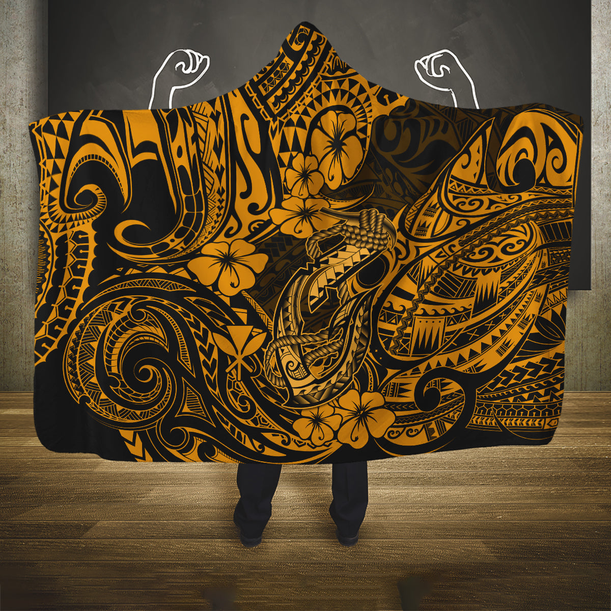 hawaii-fish-hook-hooded-blanket-polynesian-pattern-gold-version