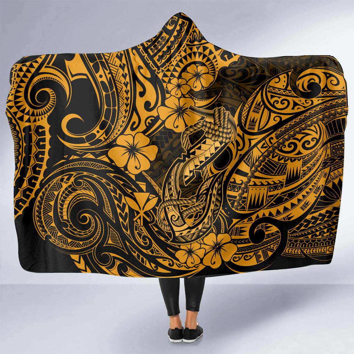 hawaii-fish-hook-hooded-blanket-polynesian-pattern-gold-version