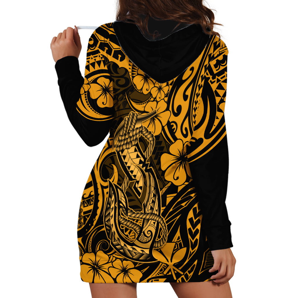 Hawaii Fish Hook Hoodie Dress Polynesian Pattern Gold Version - Wonder Print Shop
