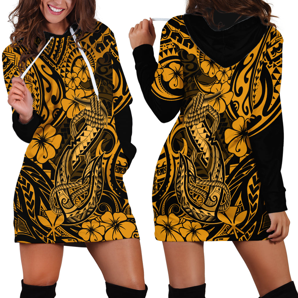 Hawaii Fish Hook Hoodie Dress Polynesian Pattern Gold Version - Wonder Print Shop
