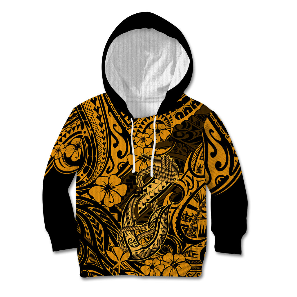 Hawaii Fish Hook Kid Hoodie Polynesian Pattern Gold Version - Wonder Print Shop