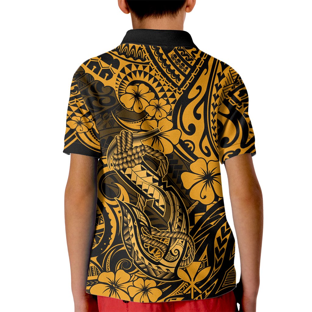 Hawaii Fish Hook Kid Polo Shirt Polynesian Pattern Gold Version - Wonder Print Shop