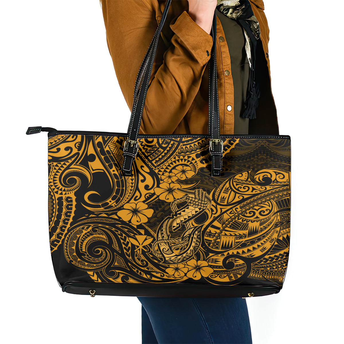 Hawaii Fish Hook Leather Tote Bag Polynesian Pattern Gold Version - Wonder Print Shop