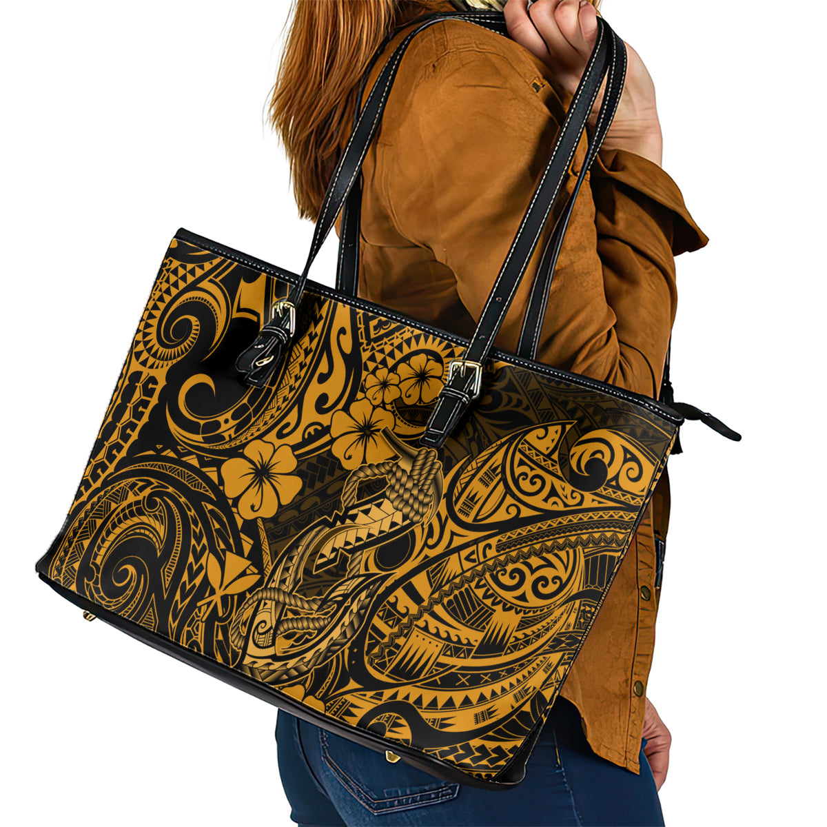 Hawaii Fish Hook Leather Tote Bag Polynesian Pattern Gold Version - Wonder Print Shop