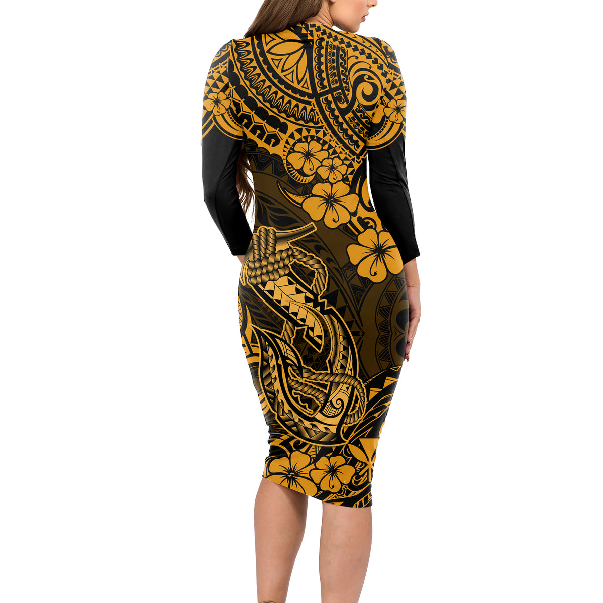 Hawaii Fish Hook Long Sleeve Bodycon Dress Polynesian Pattern Gold Version - Wonder Print Shop