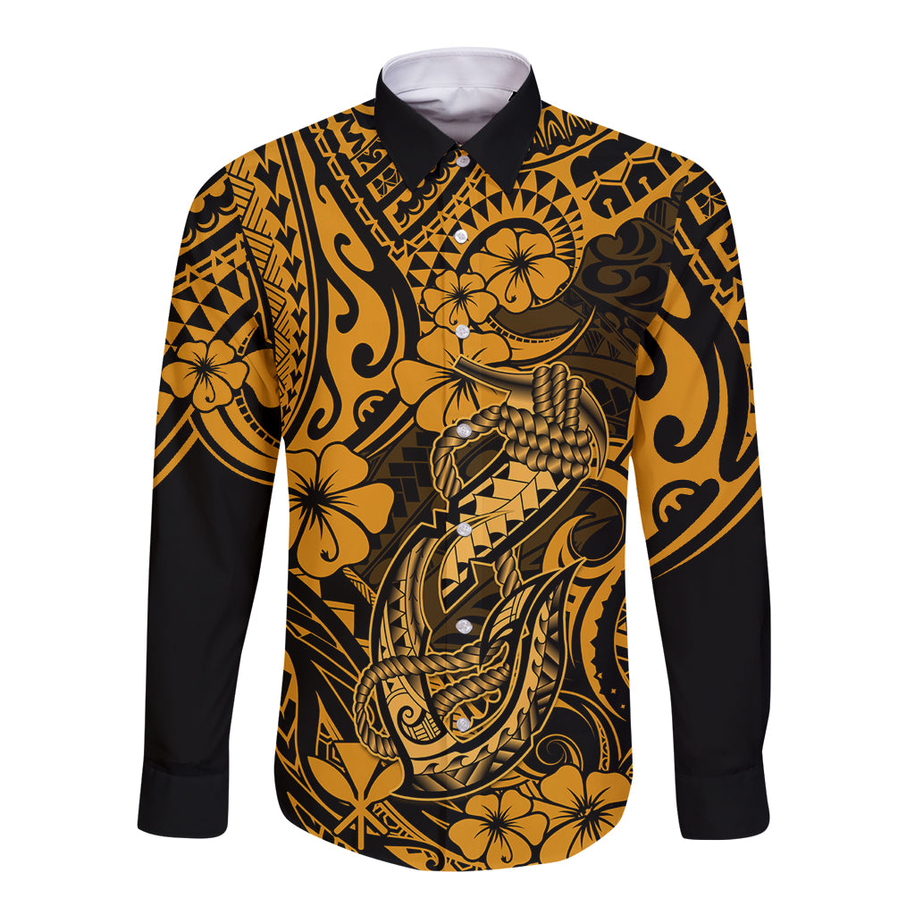 Hawaii Fish Hook Long Sleeve Button Shirt Polynesian Pattern Gold Version - Wonder Print Shop