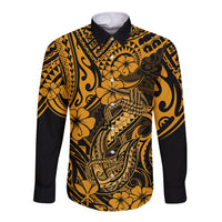 Hawaii Fish Hook Long Sleeve Button Shirt Polynesian Pattern Gold Version - Wonder Print Shop
