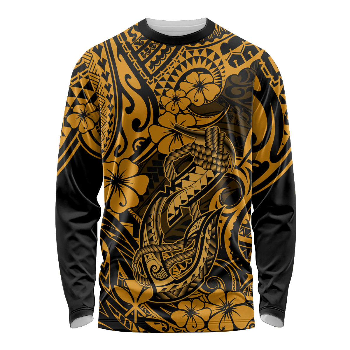 Hawaii Fish Hook Long Sleeve Shirt Polynesian Pattern Gold Version - Wonder Print Shop