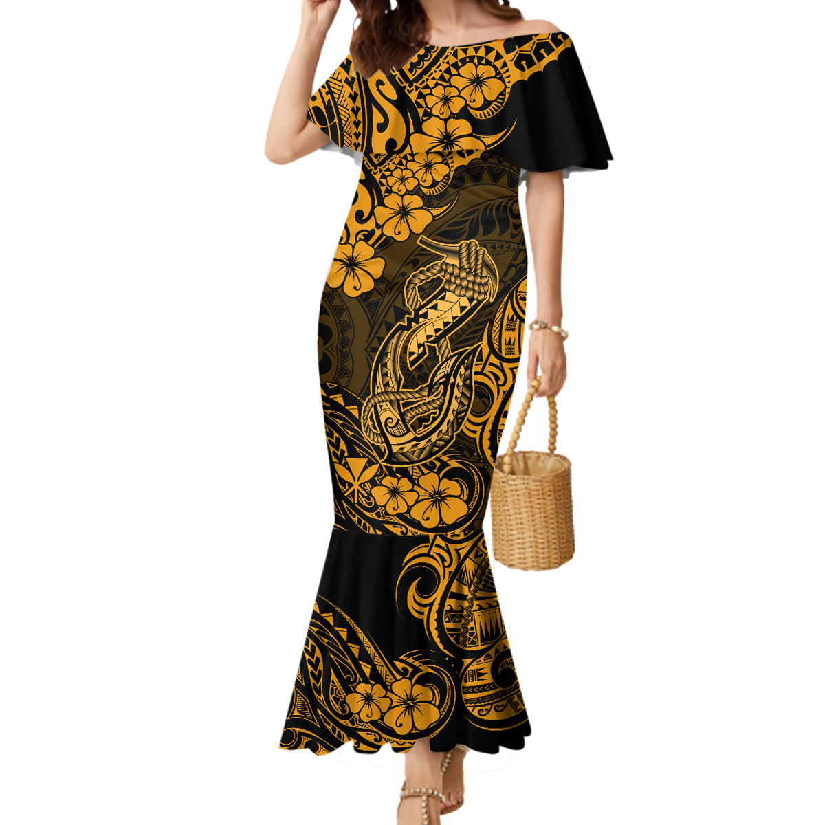 Hawaii Fish Hook Mermaid Dress Polynesian Pattern Gold Version - Wonder Print Shop
