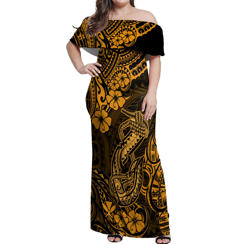 Hawaii Fish Hook Off Shoulder Maxi Dress Polynesian Pattern Gold Version - Wonder Print Shop