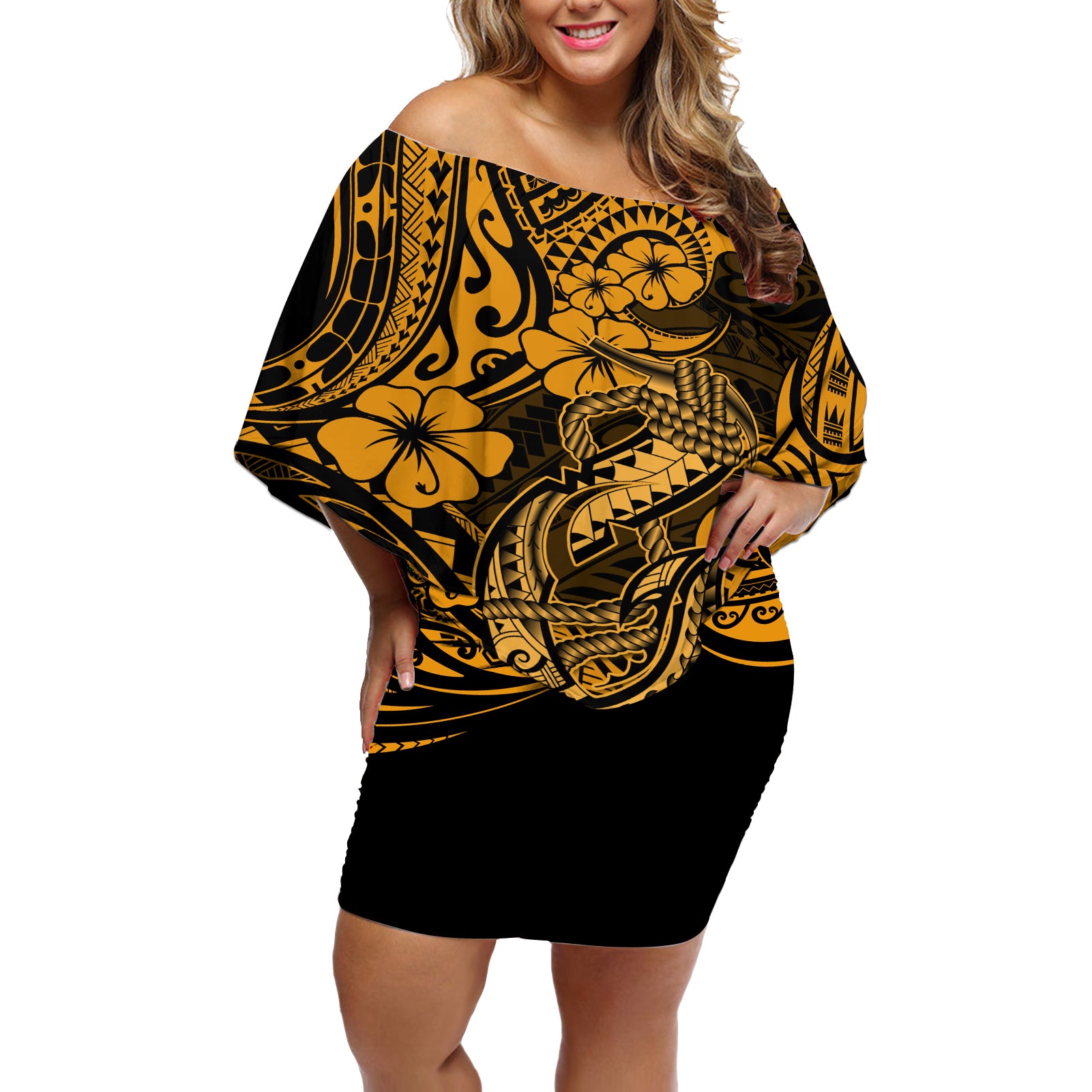 Hawaii Fish Hook Off Shoulder Short Dress Polynesian Pattern Gold Version - Wonder Print Shop
