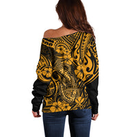 Hawaii Fish Hook Off Shoulder Sweater Polynesian Pattern Gold Version - Wonder Print Shop