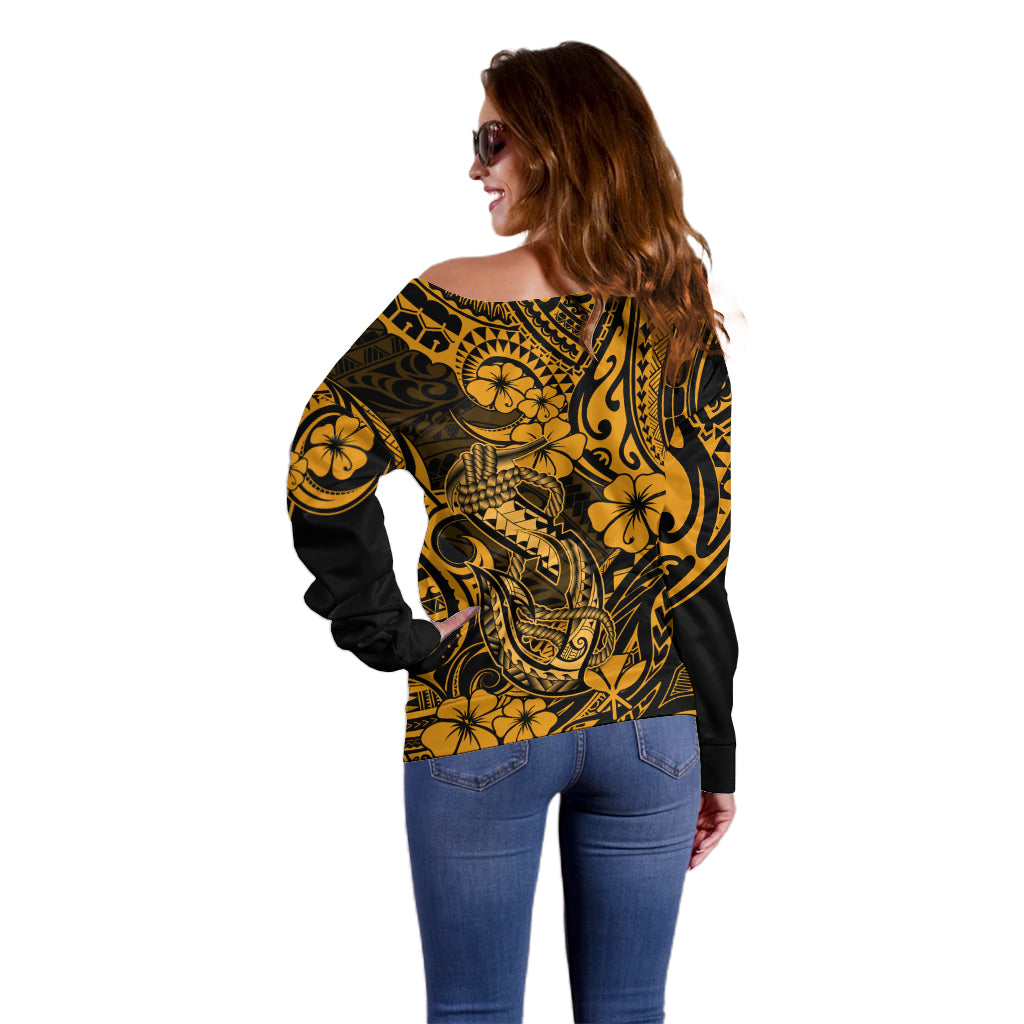 Hawaii Fish Hook Off Shoulder Sweater Polynesian Pattern Gold Version - Wonder Print Shop