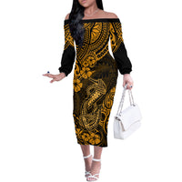 Hawaii Fish Hook Off The Shoulder Long Sleeve Dress Polynesian Pattern Gold Version - Wonder Print Shop
