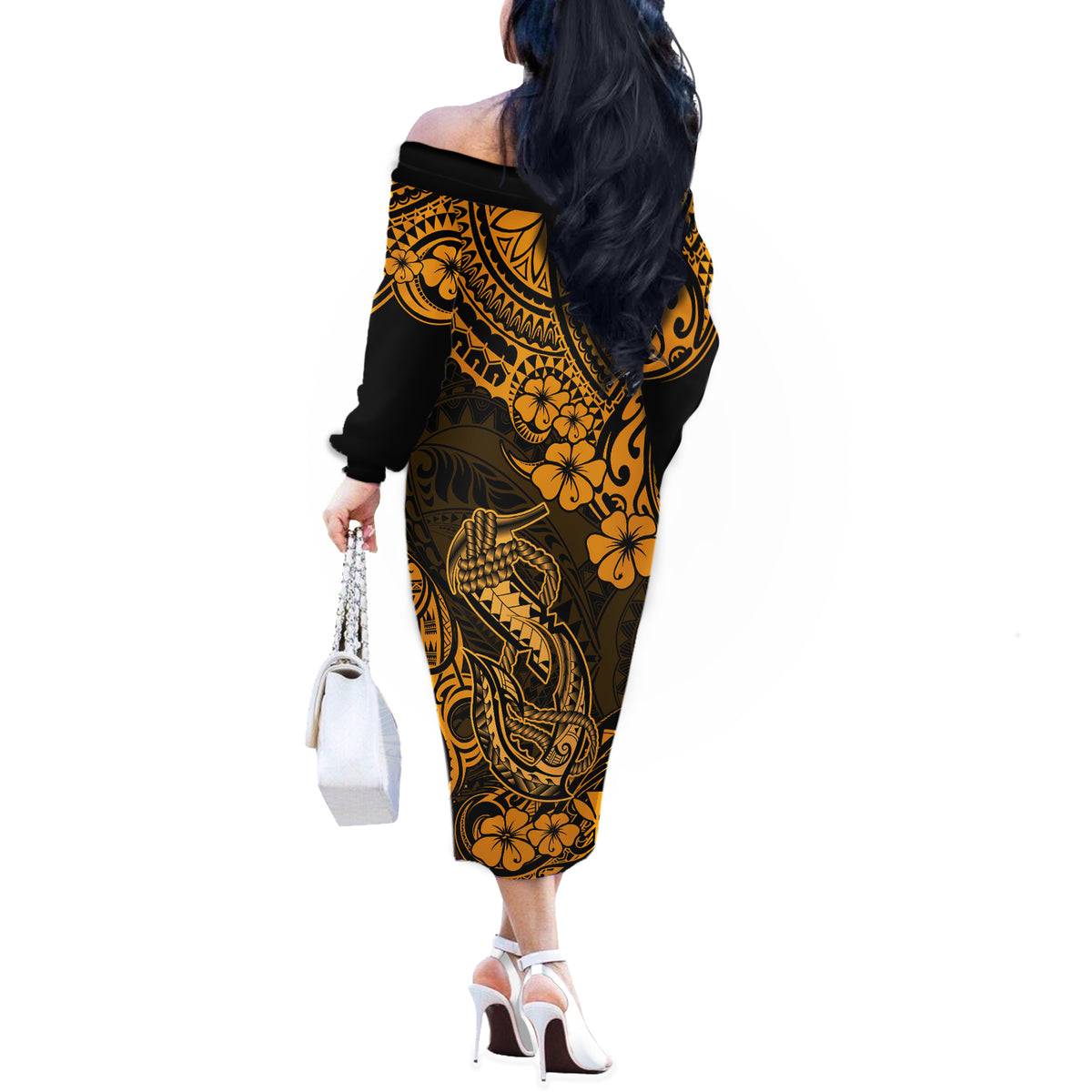 Hawaii Fish Hook Off The Shoulder Long Sleeve Dress Polynesian Pattern Gold Version - Wonder Print Shop