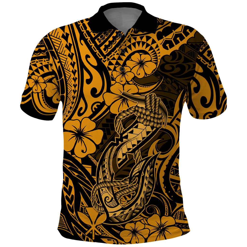 Hawaii Fish Hook Polo Shirt Polynesian Pattern Gold Version - Wonder Print Shop
